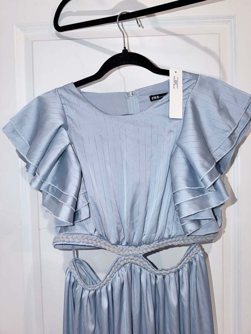 INA Blue Metallic Pinstripe Ruffle Sleeve Cutout Maxi Dress Style IDK8571